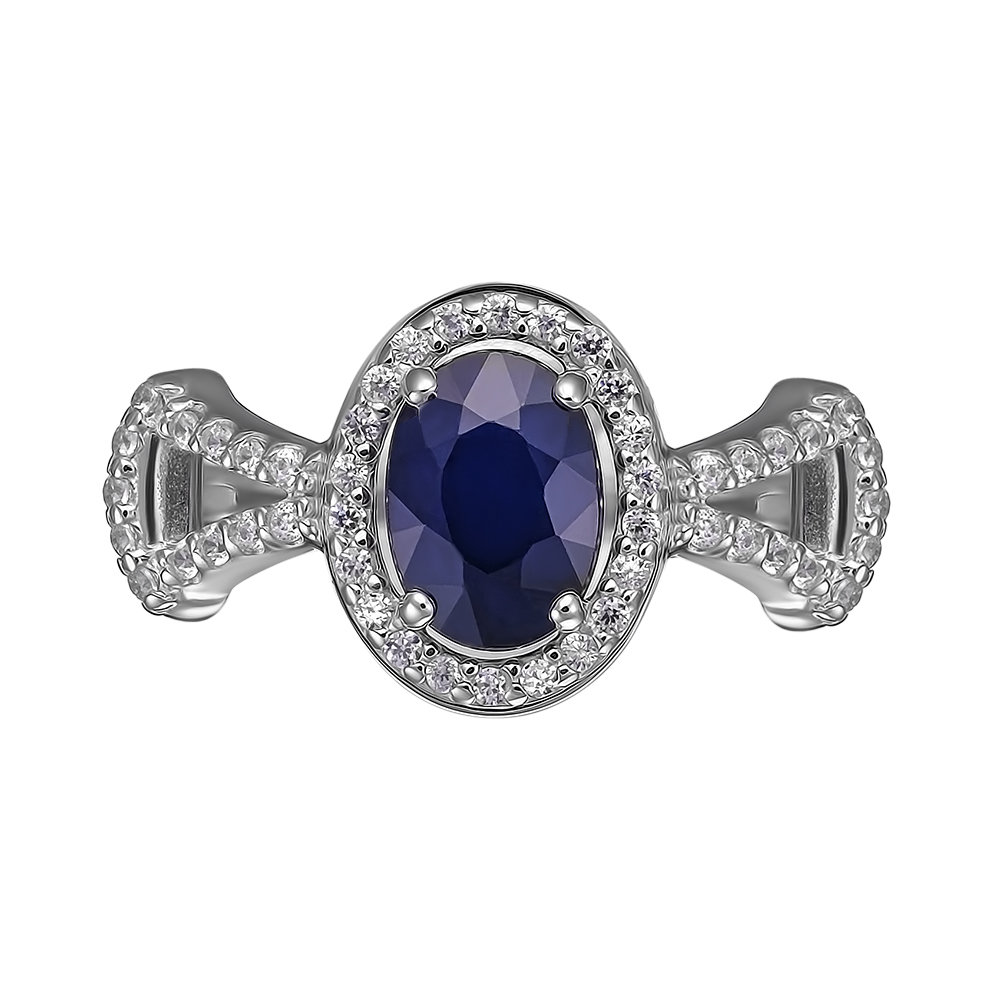 Серебряное кольцо 925 пробы; вставки 1 Сапфир U/2 0,968; 48 Фианит бесцв.;