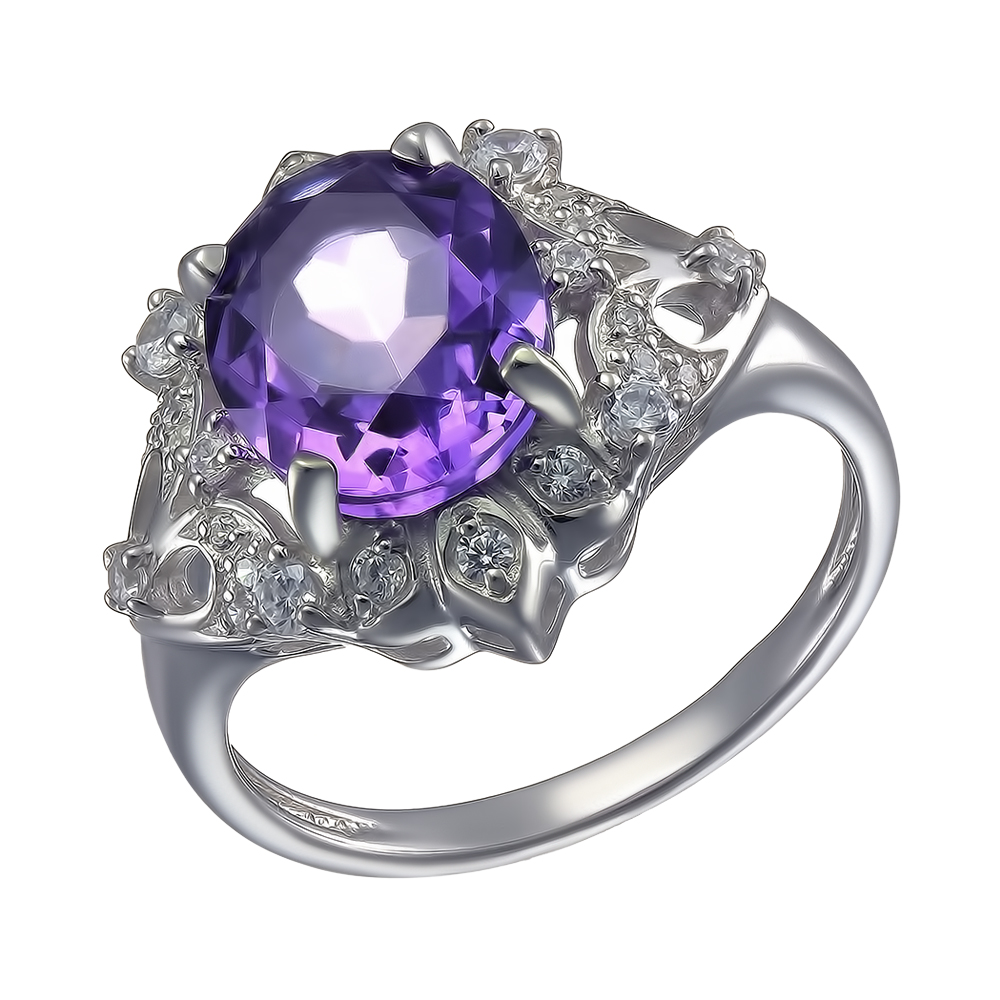 Серебряное кольцо 925 пробы; вставки 1 Аметист; 26 Фианит бесцв.;