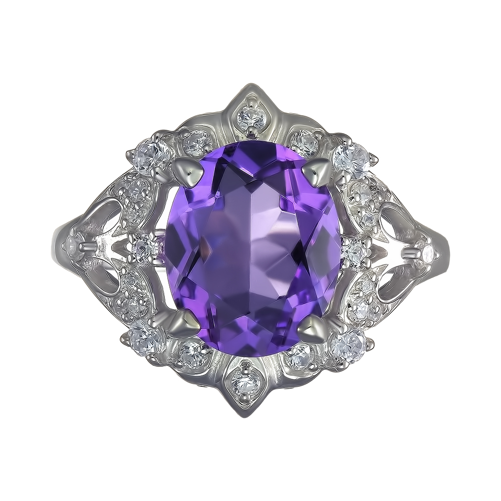 Серебряное кольцо 925 пробы; вставки 1 Аметист; 26 Фианит бесцв.;