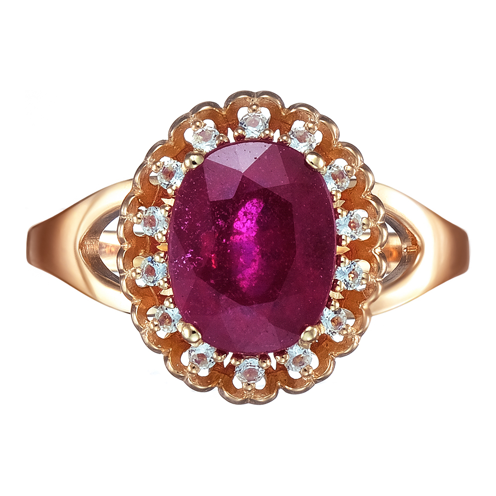 Серебряное кольцо 925 пробы; вставки 1 Рубин 2,613 F/2; 14 Топаз белый;