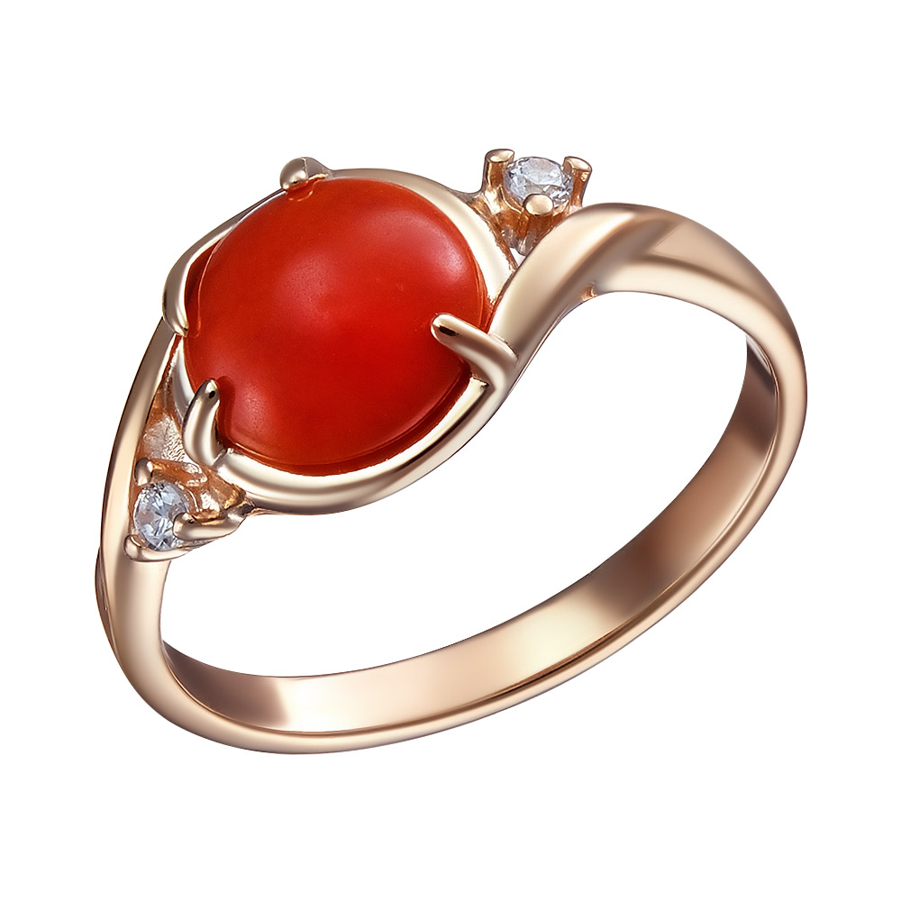 Серебряное кольцо 925 пробы; вставки 1 Коралл нат. ; 2 Фианит бесцв.;