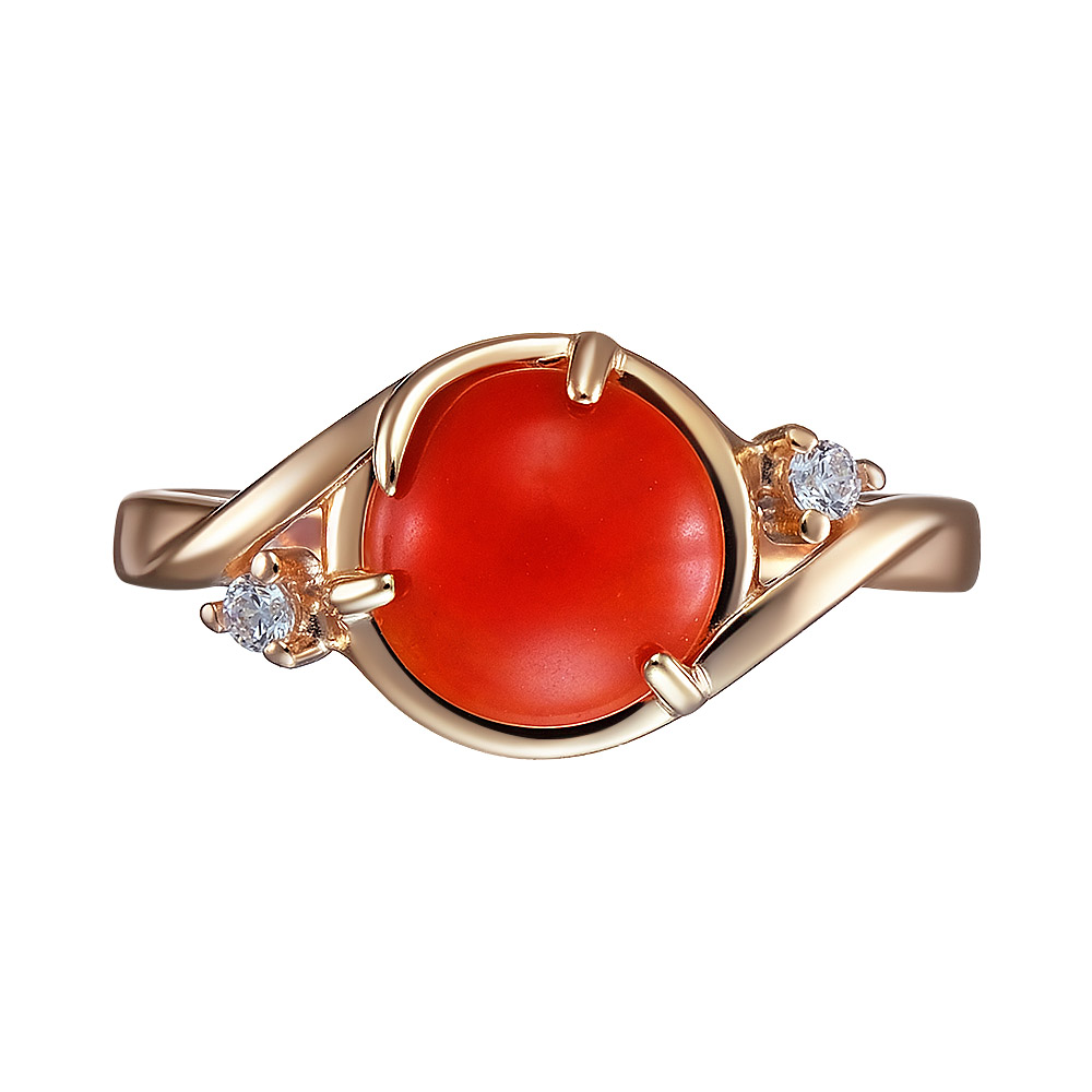Серебряное кольцо 925 пробы; вставки 1 Коралл нат. ; 2 Фианит бесцв.;