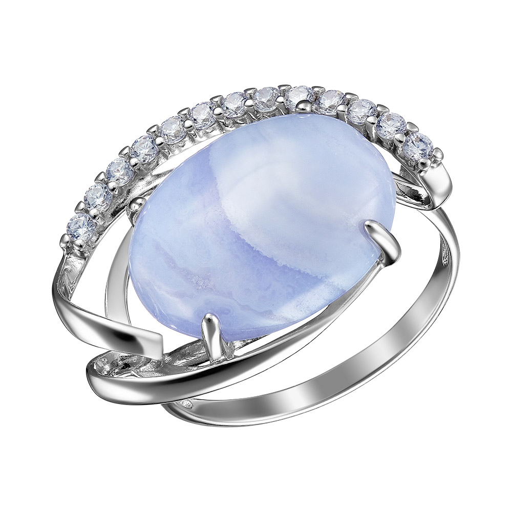 Серебряное кольцо 925 пробы; вставки 1 Агат; 13 Фианит бесцв.;