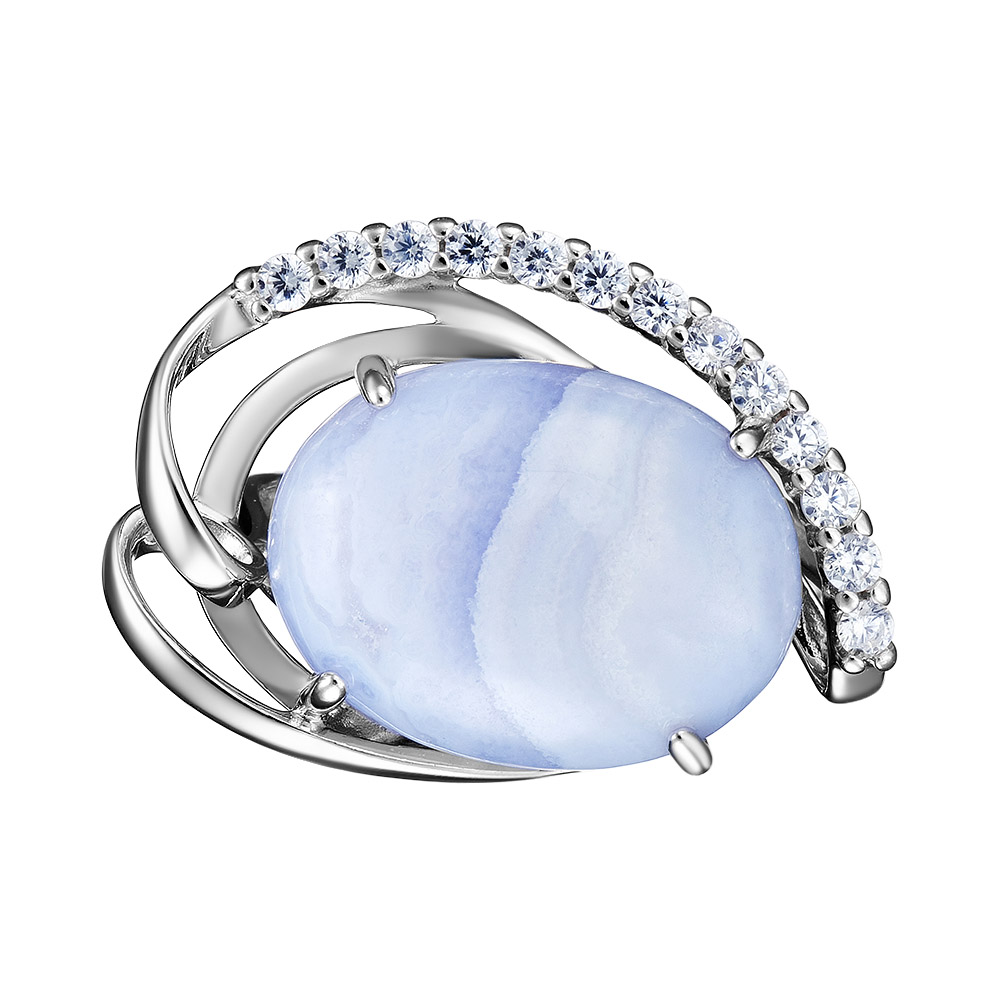 Серебряное кольцо 925 пробы; вставки 1 Агат; 13 Фианит бесцв.;