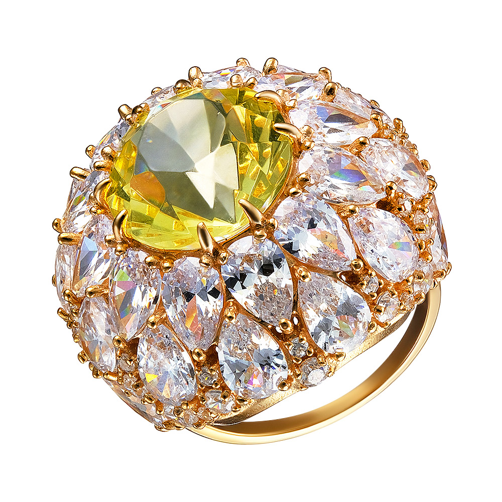 Серебряное кольцо 925 пробы; вставки 1 Янтарь; 74 Фианит бесцв.;