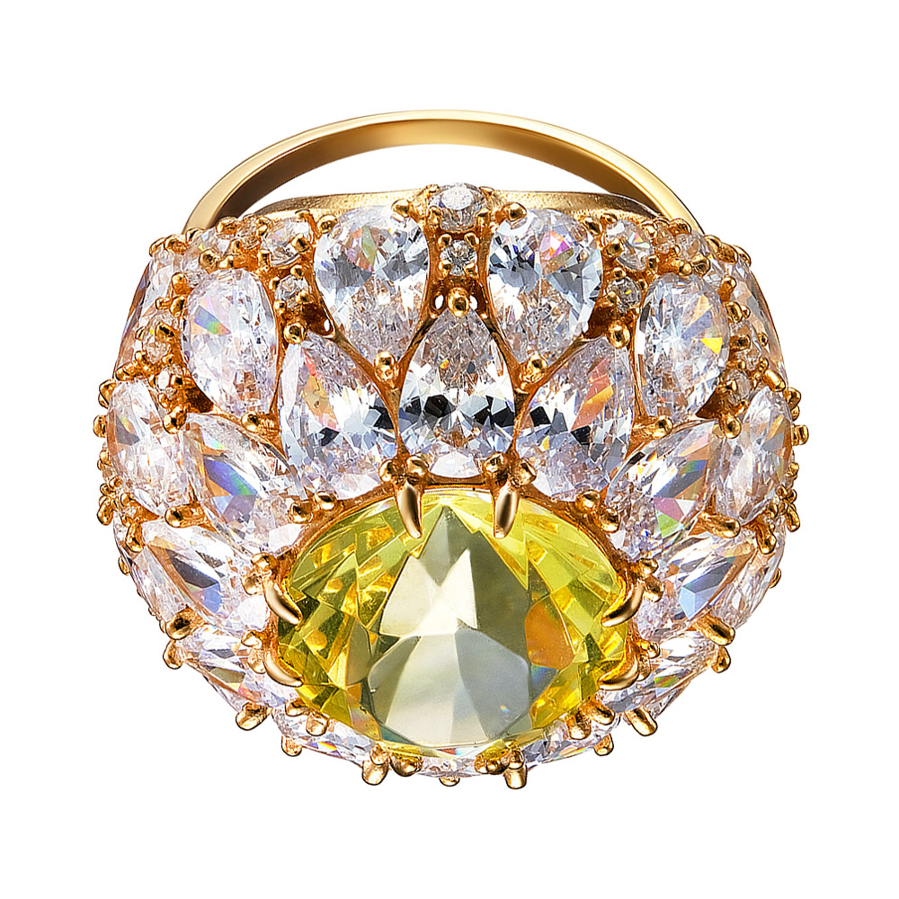 Серебряное кольцо 925 пробы; вставки 1 Янтарь; 74 Фианит бесцв.;
