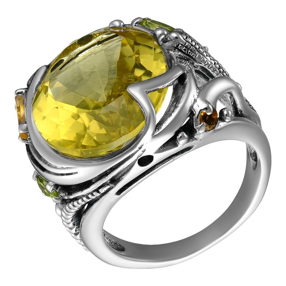 Серебряное кольцо 925 пробы; оксидирование; вставки 1 Кварц лимонный; 3 Хризолит; 3 Цитрин;