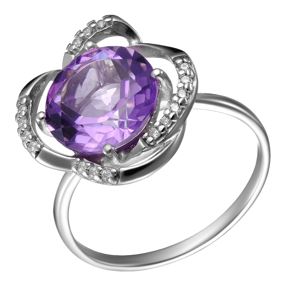 Серебряное кольцо 925 пробы; вставки 1 Аметист; Россыпь Фианит бесцв.;