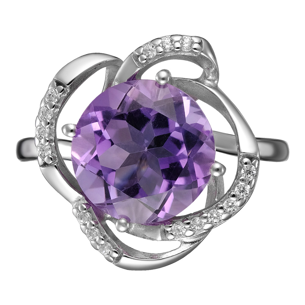 Серебряное кольцо 925 пробы; вставки 1 Аметист; Россыпь Фианит бесцв.;