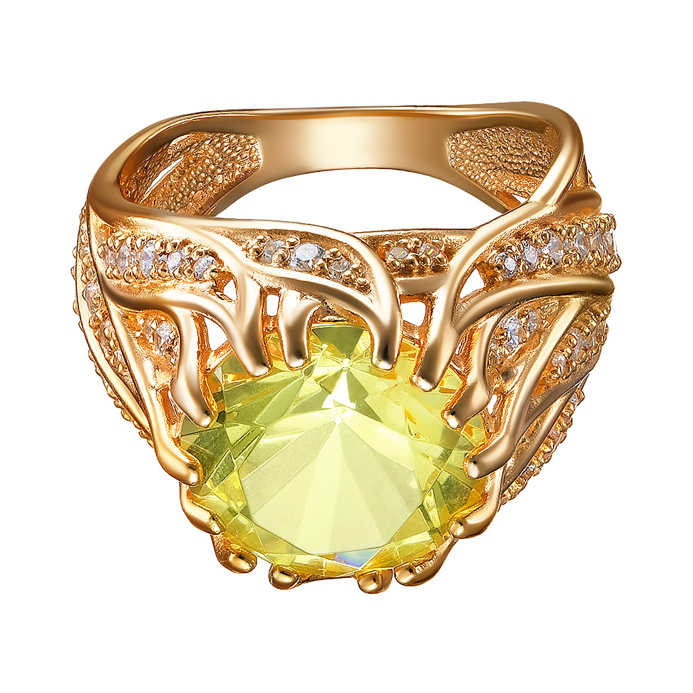 Серебряное кольцо 925 пробы; вставки 1 Янтарь; 76 Фианит бесцв.;