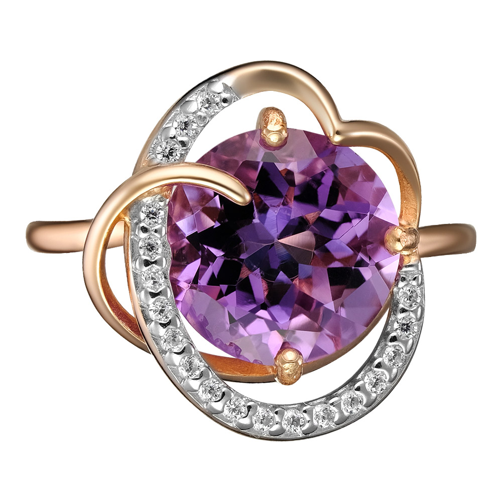 Серебряное кольцо 925 пробы; вставки 1 Аметист; Россыпь Фианит бесцв.;