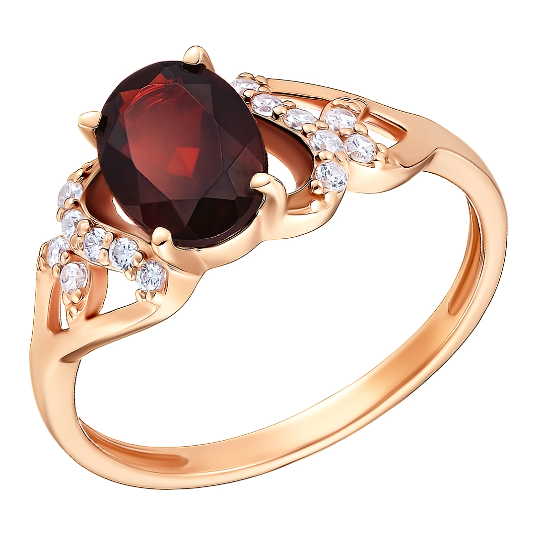 Серебряное кольцо 925 пробы; вставки 1 Гранат; 14 Фианит бесцв.;