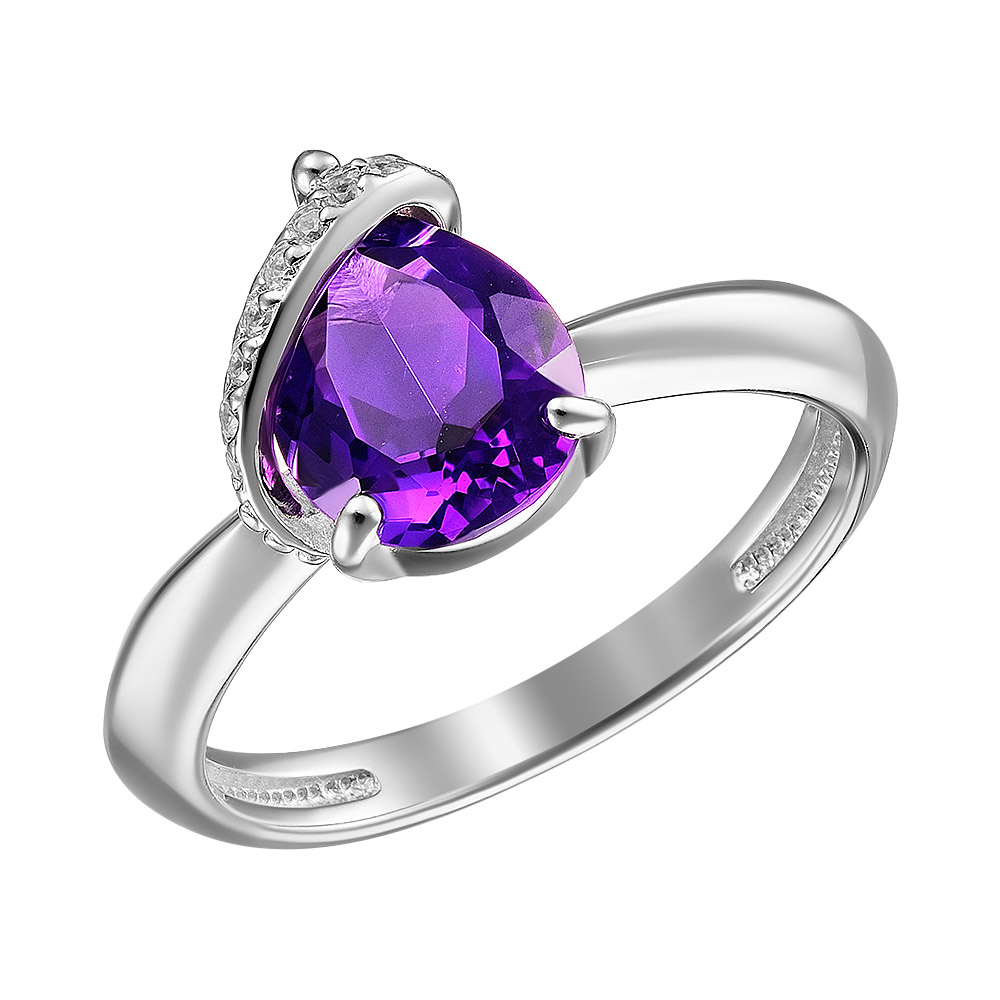 Серебряное кольцо 925 пробы; вставки 1 Аметист; 9 Фианит бесцв.;
