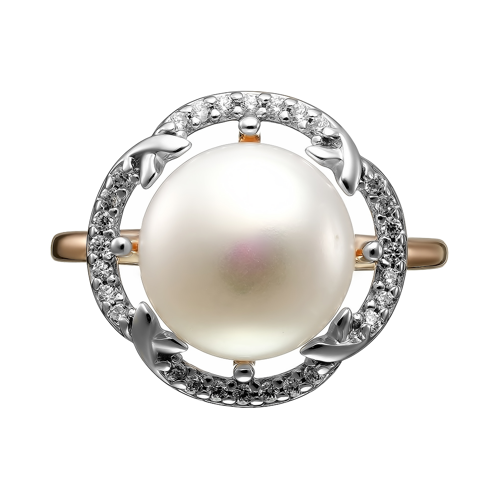 Серебряное кольцо 925 пробы; вставки 1 Жемчуг пресн.культ. белый; 28 Фианит бесцв.;