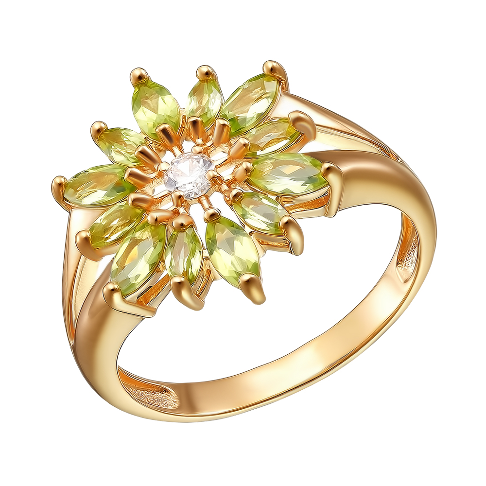 Серебряное кольцо 925 пробы; вставки 12 Хризолит; 1 Фианит бесцв.;