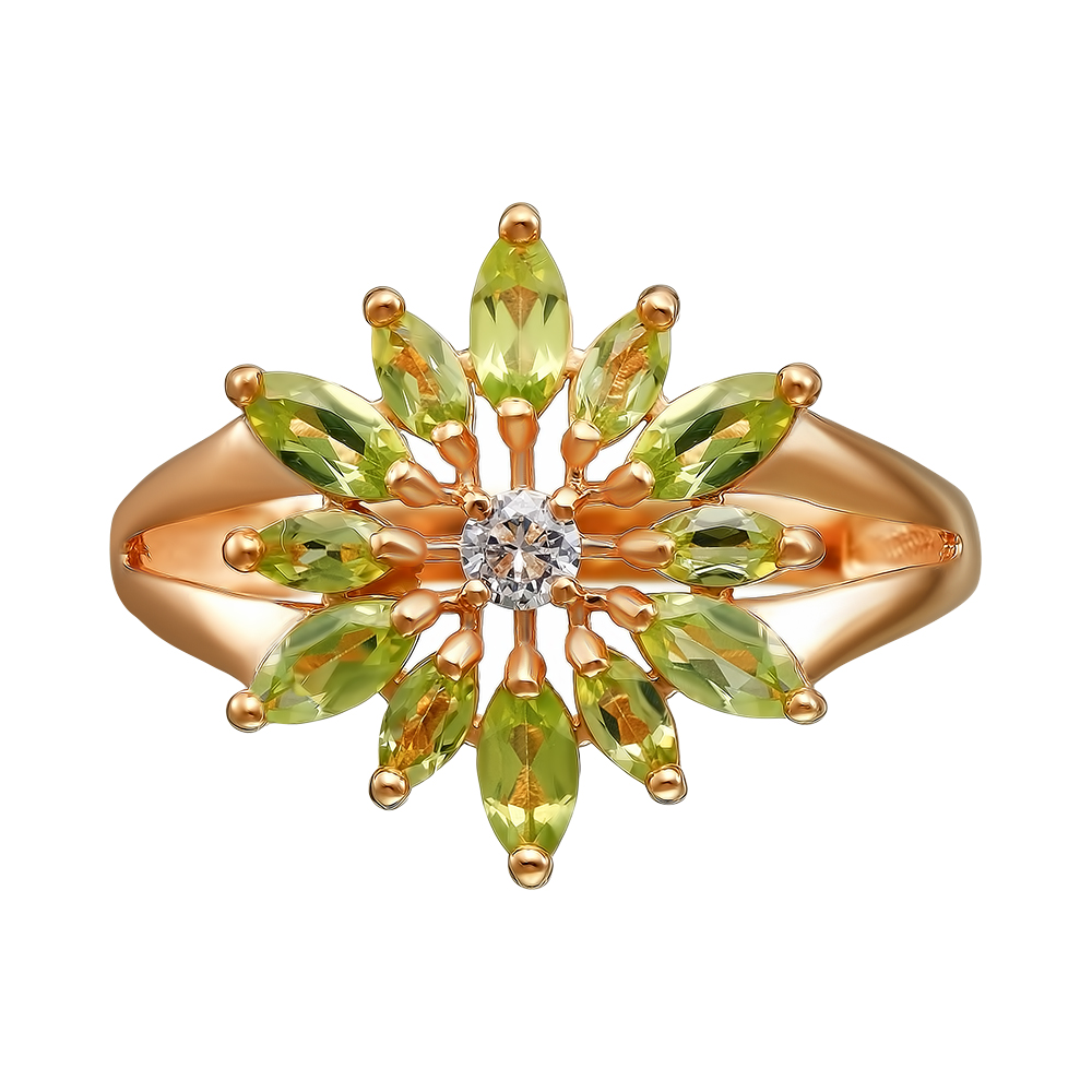 Серебряное кольцо 925 пробы; вставки 12 Хризолит; 1 Фианит бесцв.;