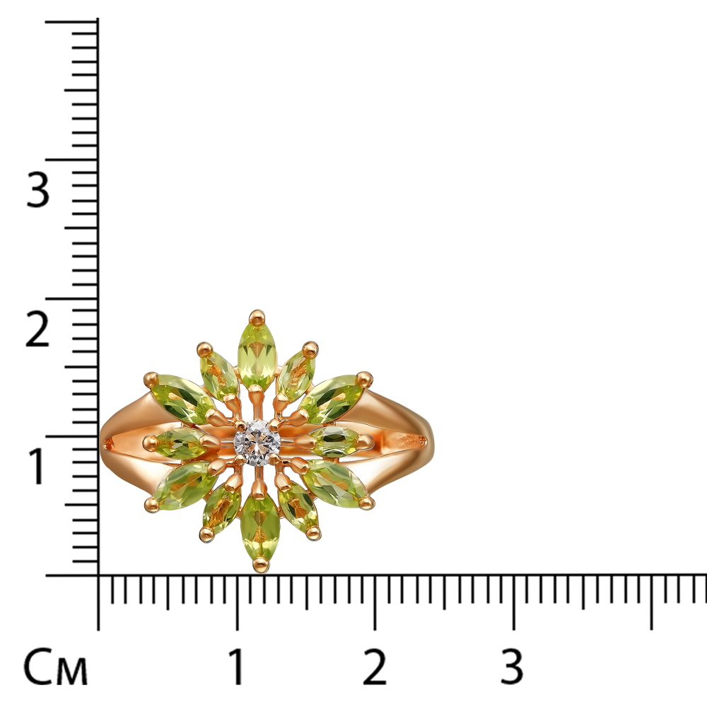 Серебряное кольцо 925 пробы; вставки 12 Хризолит; 1 Фианит бесцв.;