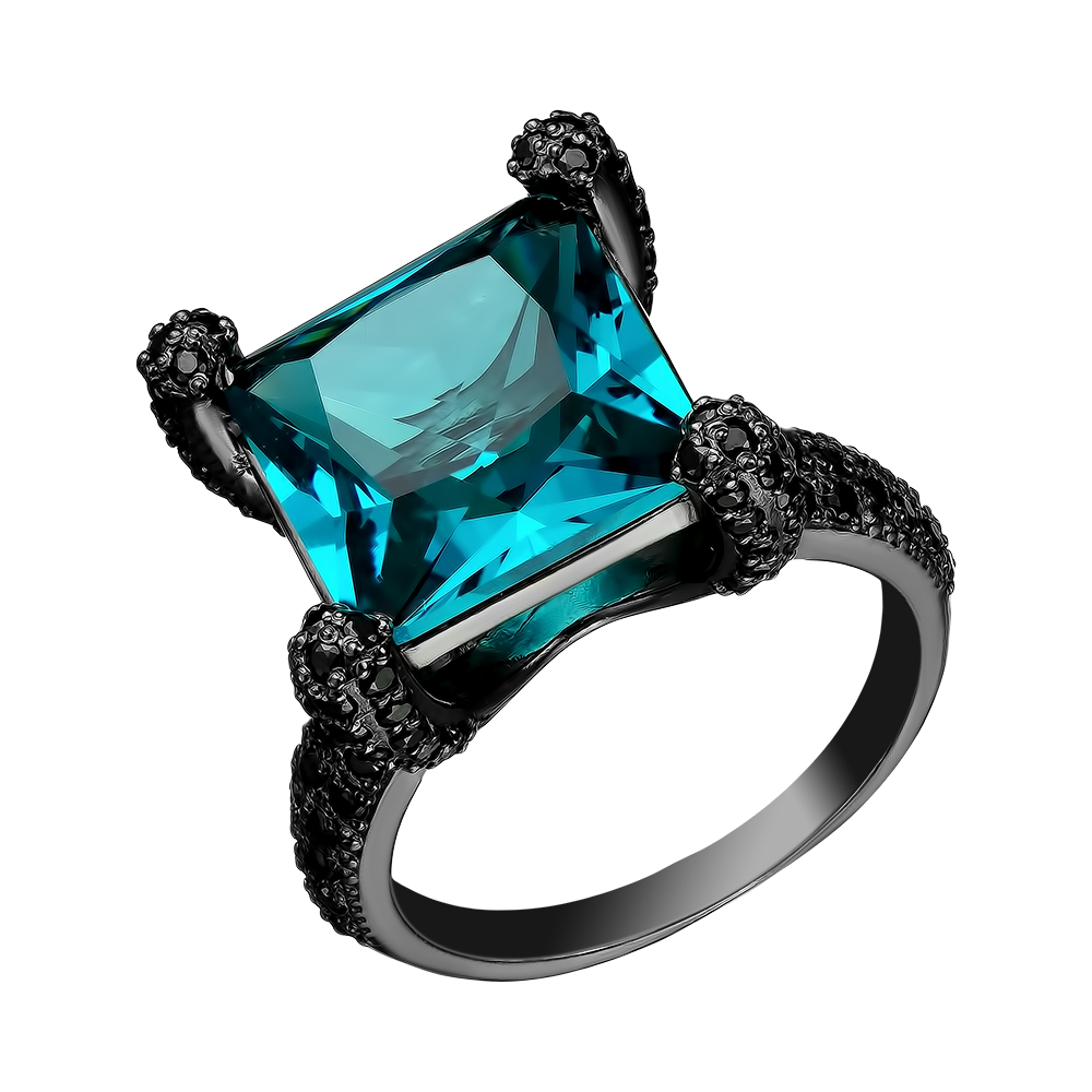 Серебряное кольцо 925 пробы; рутений; вставки 116 Шпинель черн.; 1 Имит. турмалин параиба;