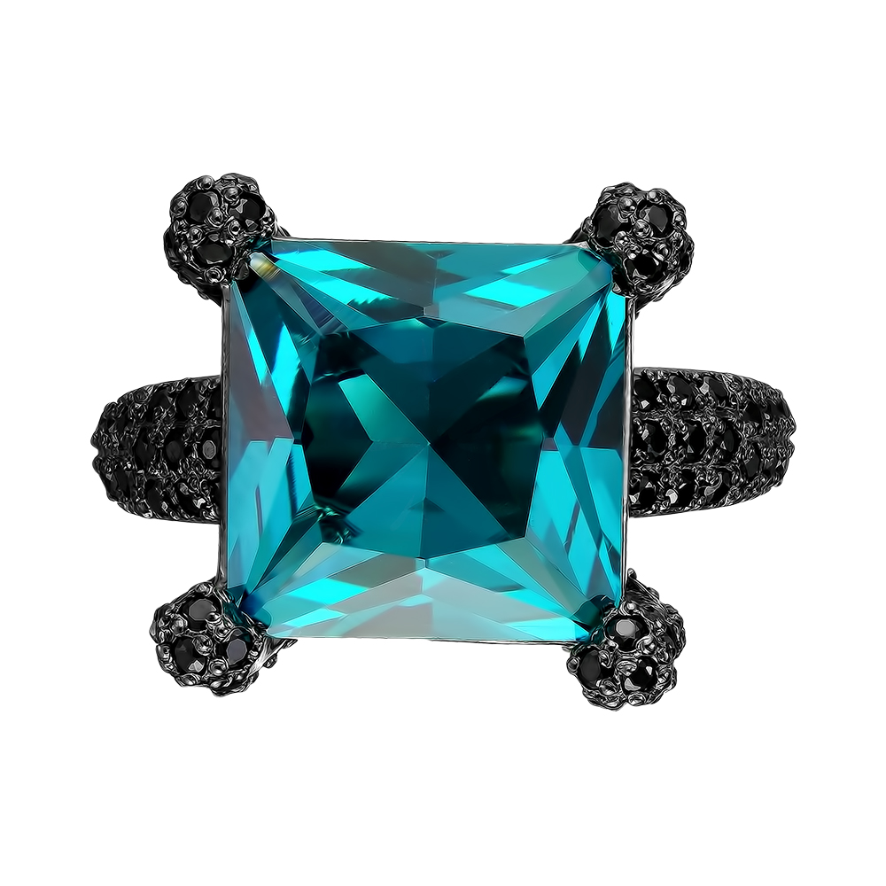 Серебряное кольцо 925 пробы; рутений; вставки 116 Шпинель черн.; 1 Имит. турмалин параиба;