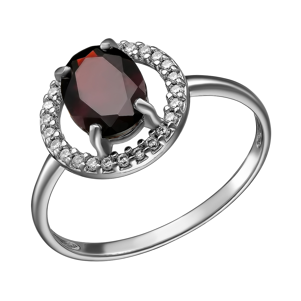 Серебряное кольцо 925 пробы; вставки 1 Гранат; 26 Фианит бесцв.;