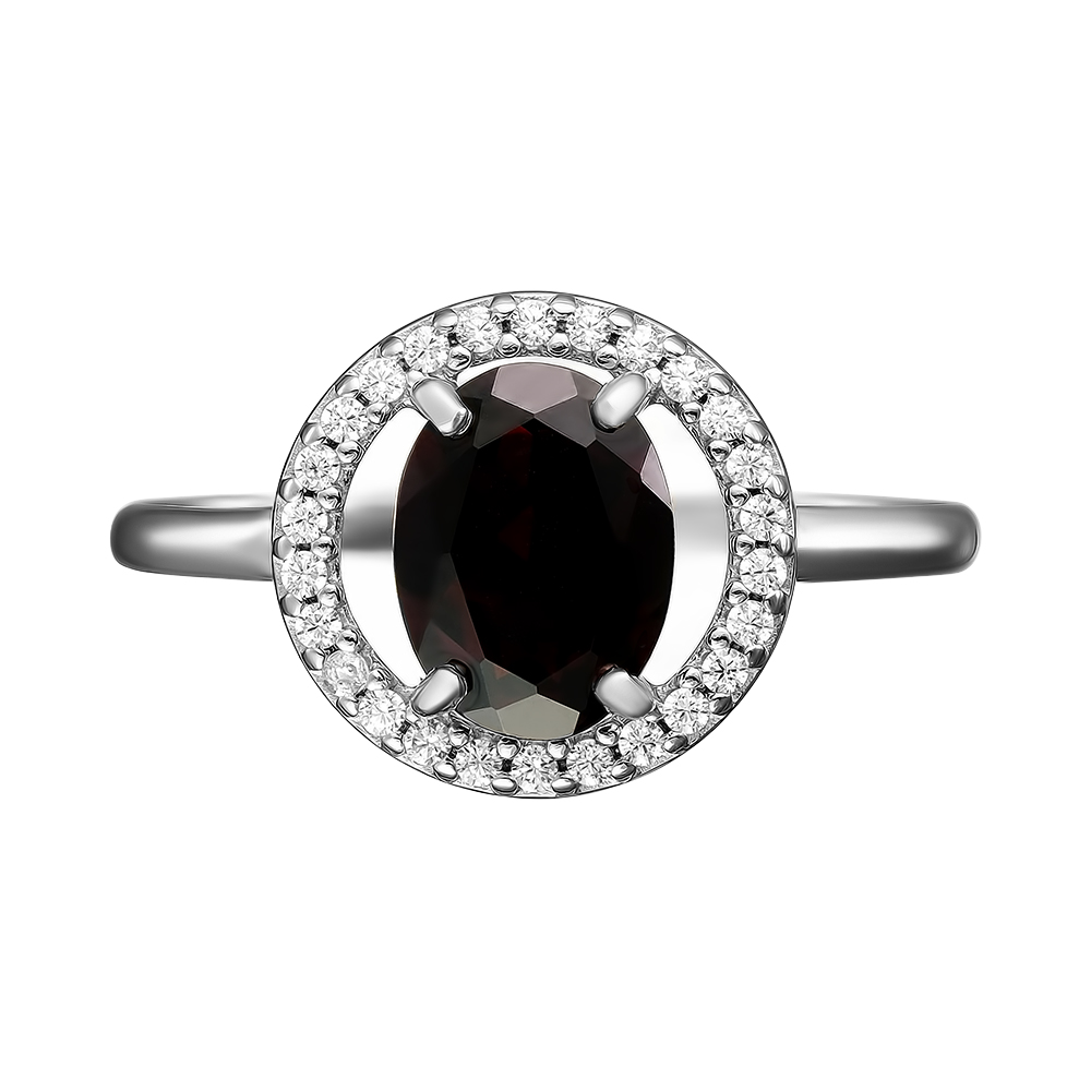 Серебряное кольцо 925 пробы; вставки 1 Гранат; 26 Фианит бесцв.;
