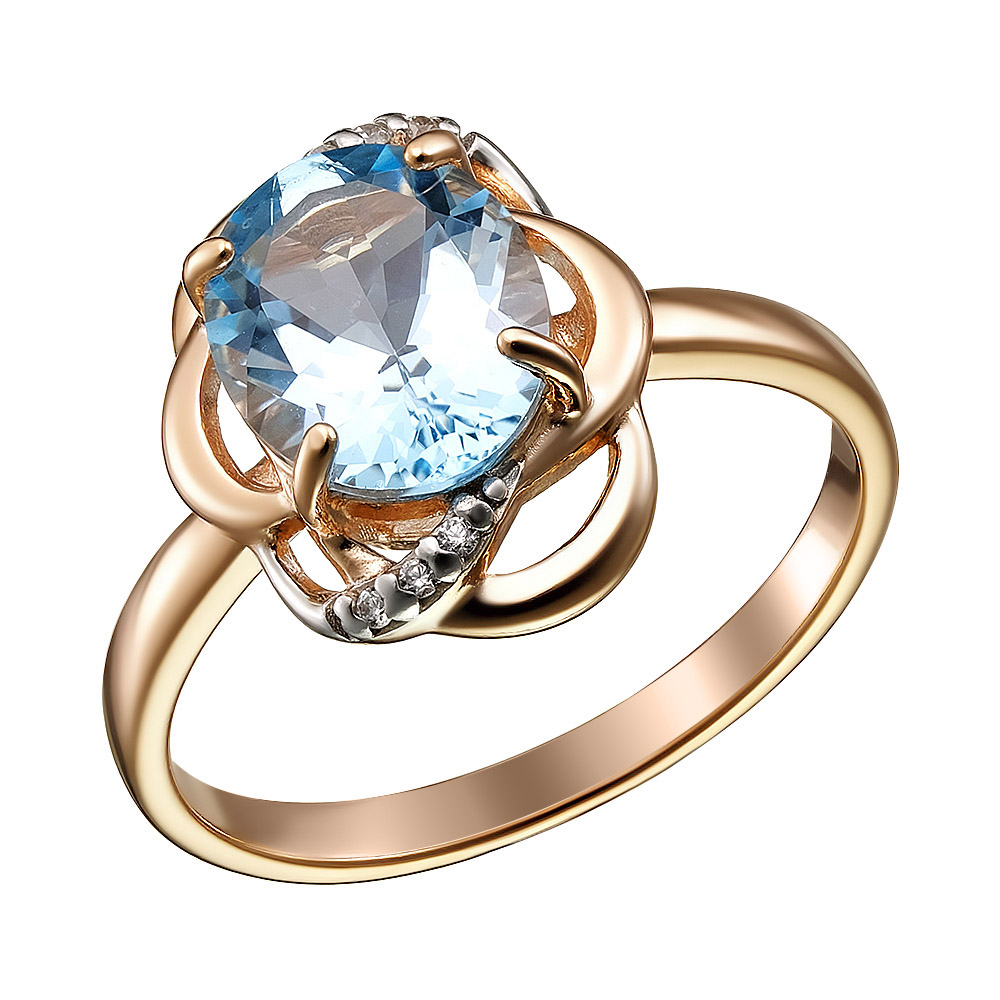Серебряное кольцо 925 пробы; вставки 1 Топаз sky; 6 Фианит бесцв.;
