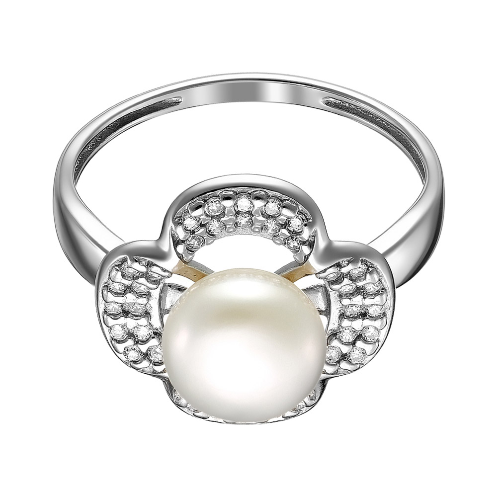 Серебряное кольцо 925 пробы; вставки 1 Жемчуг преснов.культ.бел.; Россыпь Фианит бесцв.;