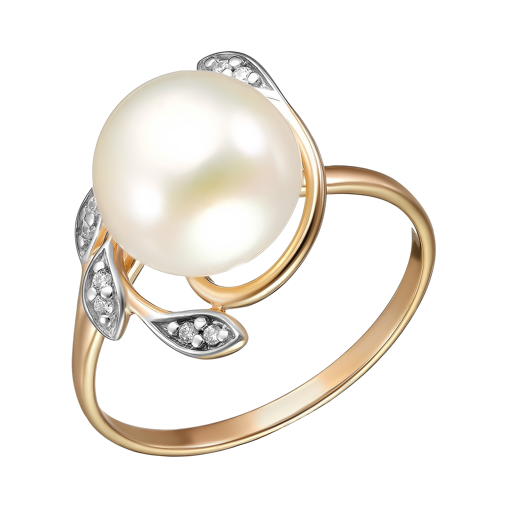 Серебряное кольцо 925 пробы; вставки 1 Жемчуг преснов.культ.бел.; 10 Фианит бесцв.;