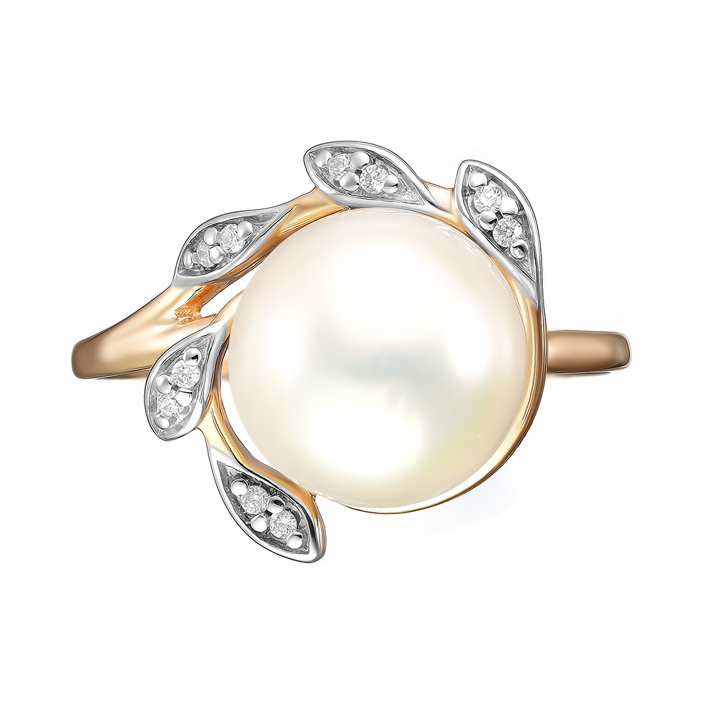 Серебряное кольцо 925 пробы; вставки 1 Жемчуг преснов.культ.бел.; 10 Фианит бесцв.;