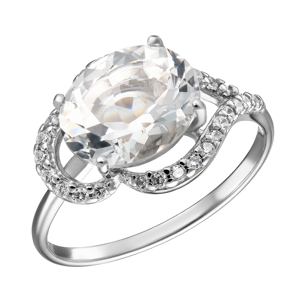 Серебряное кольцо 925 пробы; вставки 1 Горный хрусталь; 30 Фианит бесцв.;