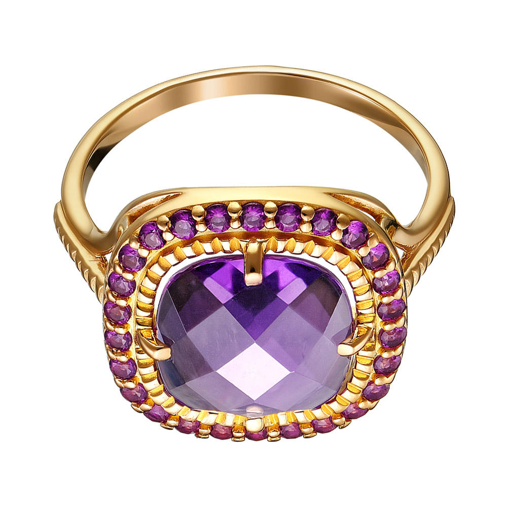Серебряное кольцо 925 пробы; вставки 1 Аметист; Россыпь Фианит фиолет.;