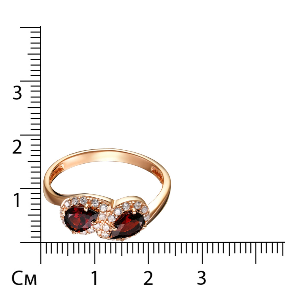 Серебряное кольцо 925 пробы; вставки 2 Гранат; 24 Фианит бесцв.;