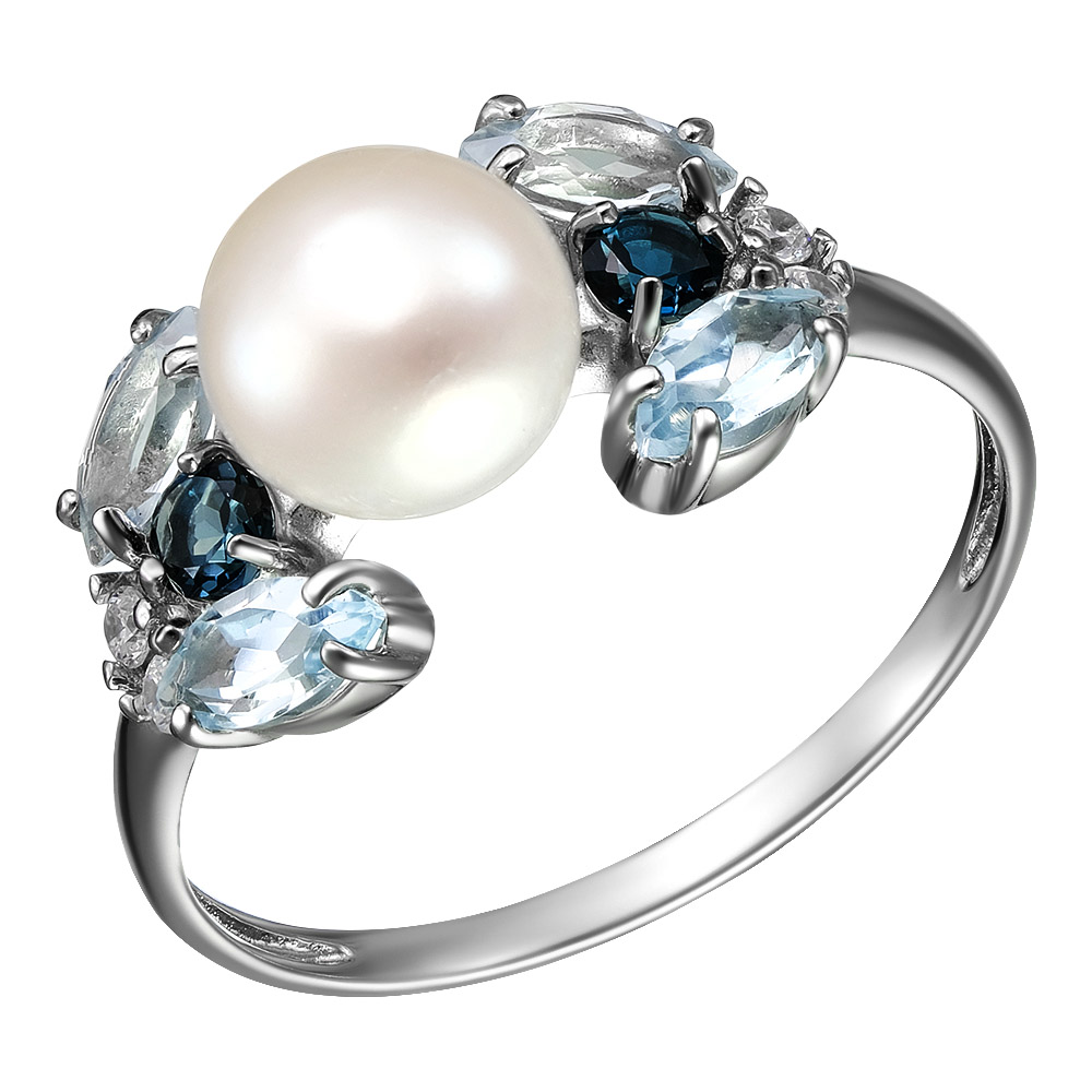 Серебряное кольцо 925 пробы; вставки 1 Жемчуг преснов. культ. белый; 4 Топаз sky; 2 Топаз Лондон; 4