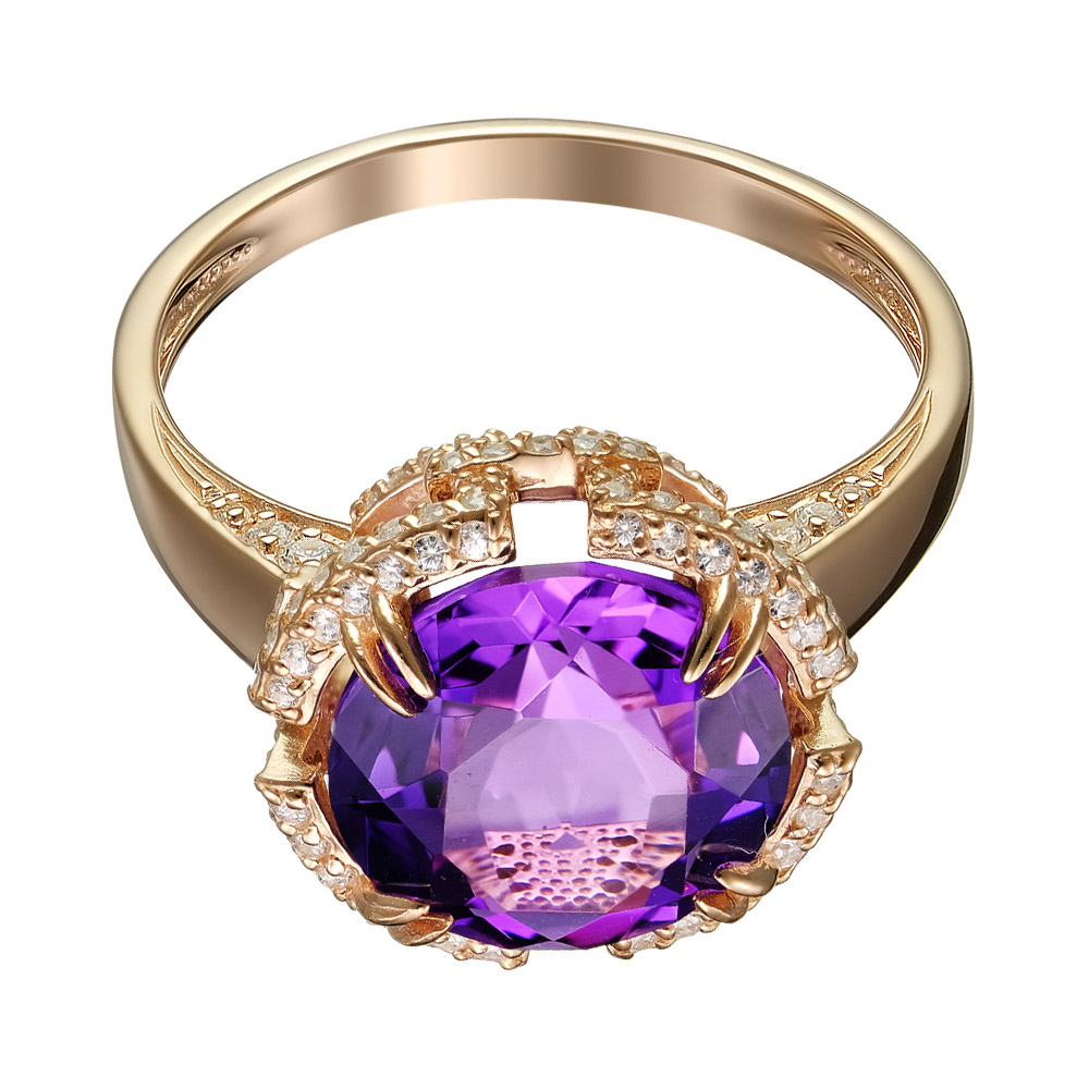 Серебряное кольцо 925 пробы; вставки 1 Аметист; 120 Фианит бесцв.;