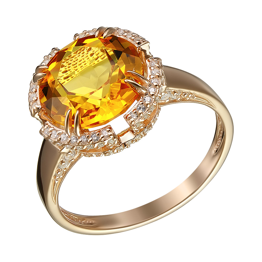 Серебряное кольцо 925 пробы; вставки 1 Цитрин; 120 Фианит бесцв.;
