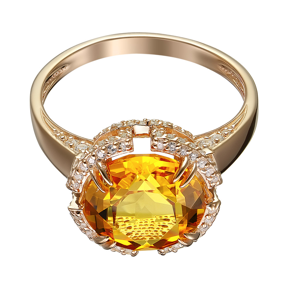 Серебряное кольцо 925 пробы; вставки 1 Цитрин; 120 Фианит бесцв.;