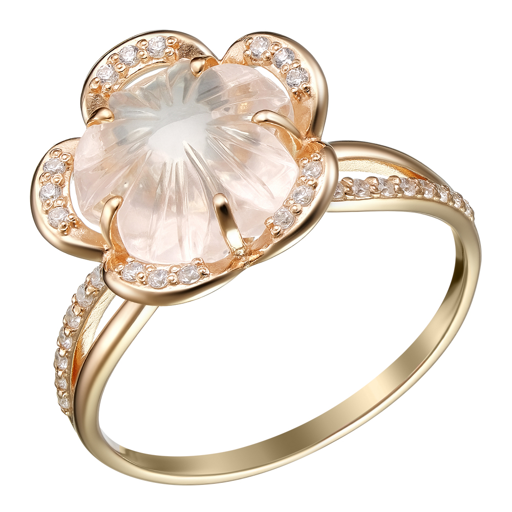 Серебряное кольцо 925 пробы; вставки 1 Кварц розовый; 33 Фианит бесцв.;
