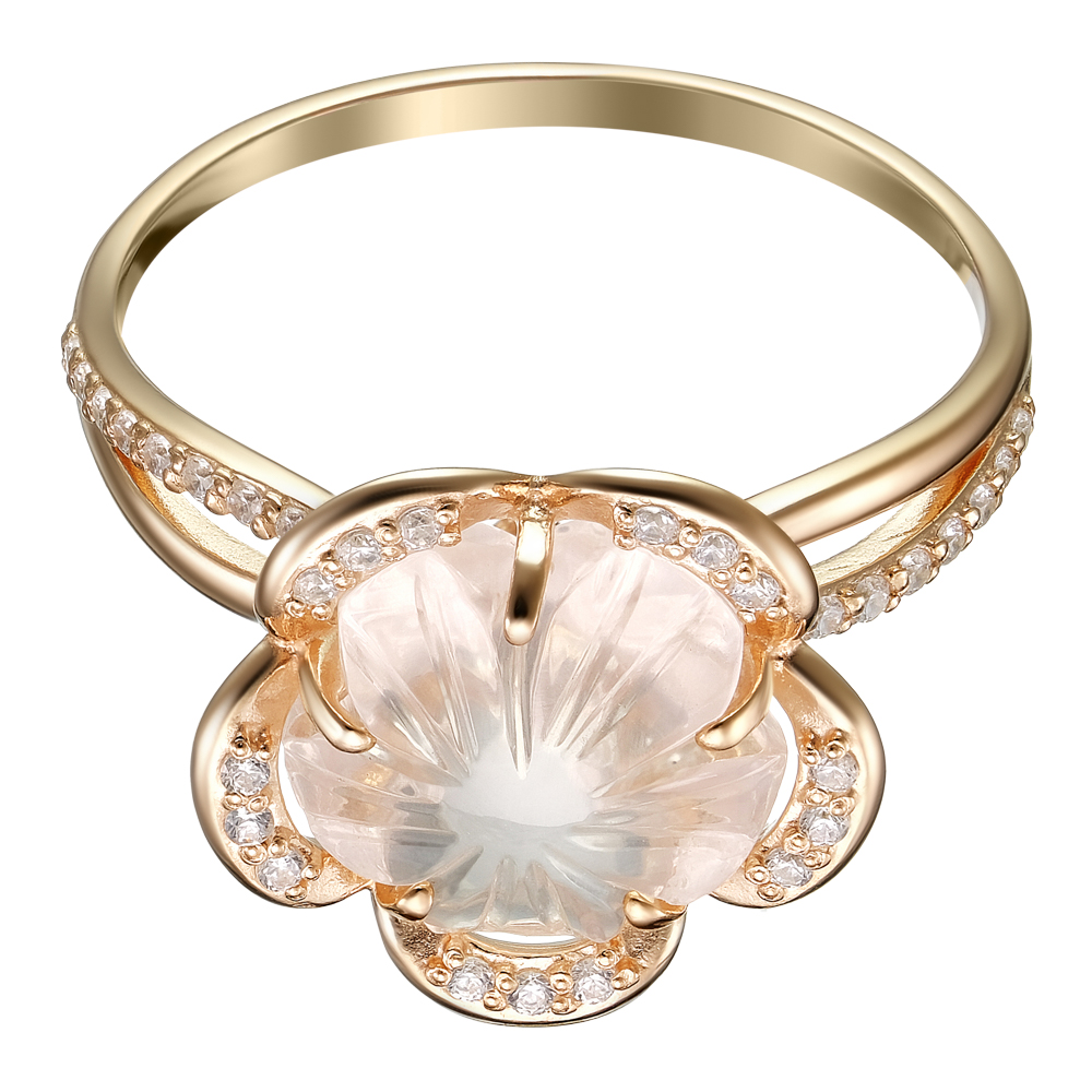 Серебряное кольцо 925 пробы; вставки 1 Кварц розовый; 33 Фианит бесцв.;