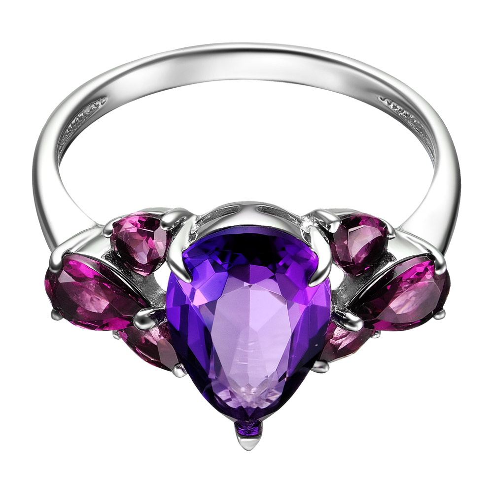 Серебряное кольцо 925 пробы; вставки 1 Аметист; 6 Родолит;