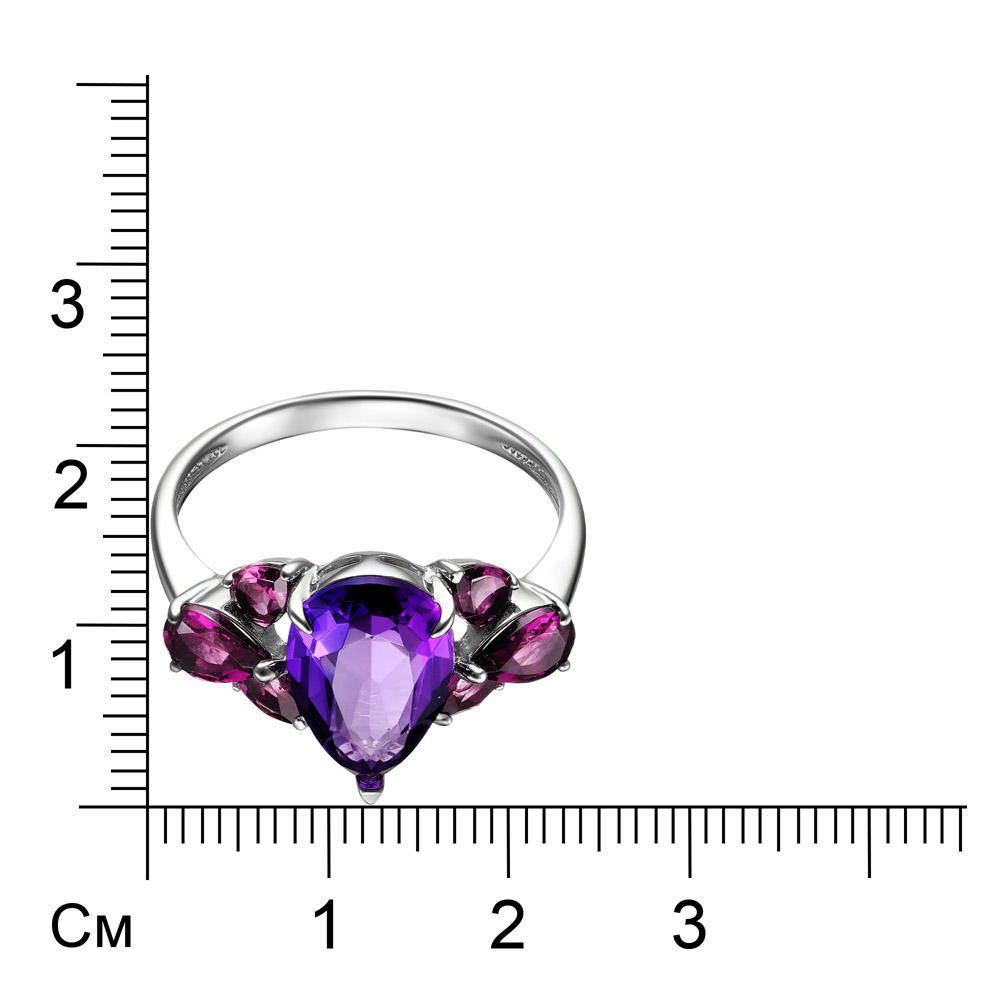 Серебряное кольцо 925 пробы; вставки 1 Аметист; 6 Родолит;