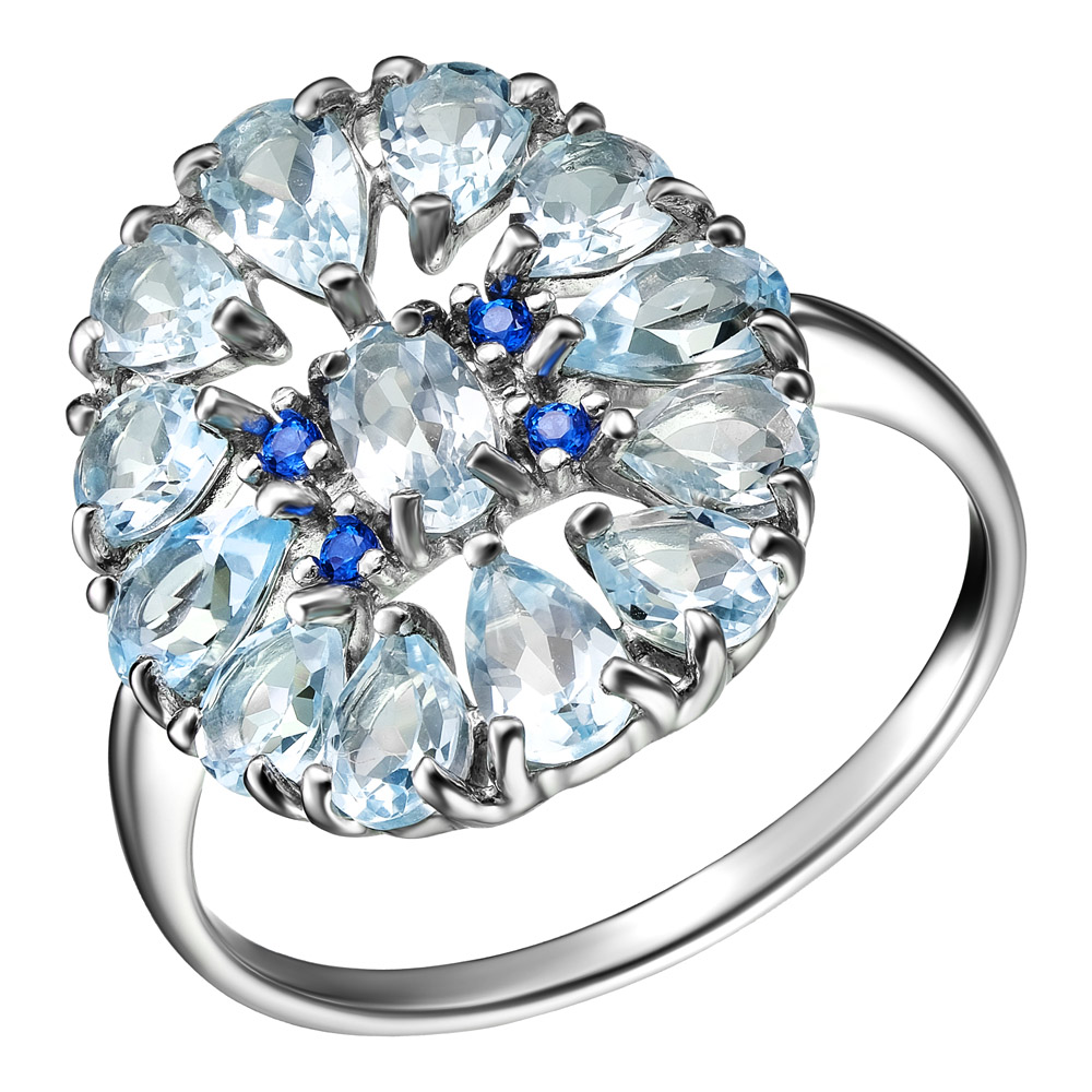 Серебряное кольцо 925 пробы; вставки 13 Топаз Sky; 4 Топаз SWAROVSKI кашмир;