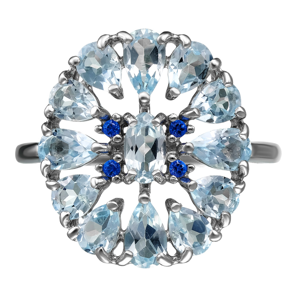 Серебряное кольцо 925 пробы; вставки 13 Топаз Sky; 4 Топаз SWAROVSKI кашмир;