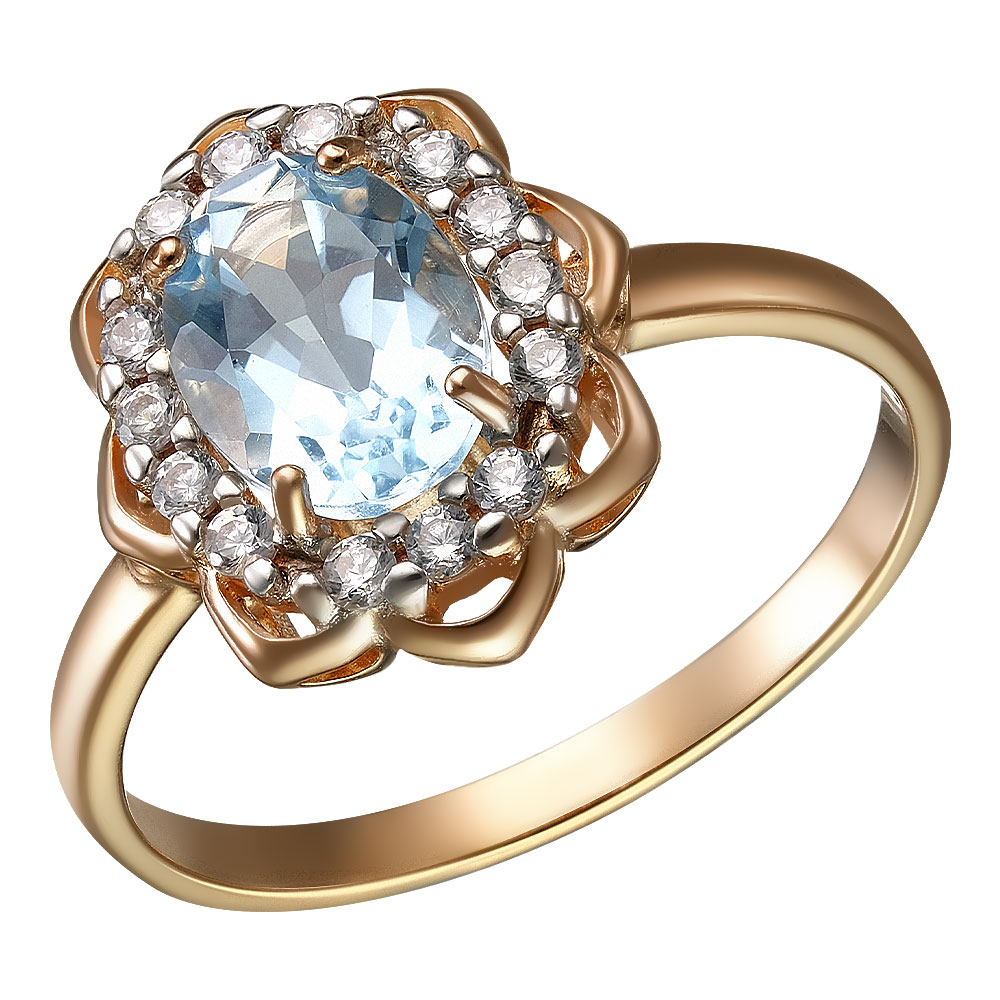 Серебряное кольцо 925 пробы; вставки 1 Топаз Sky; 14 Фианит бесцв.;