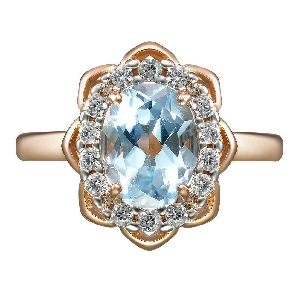 Серебряное кольцо 925 пробы; вставки 1 Топаз Sky; 14 Фианит бесцв.;