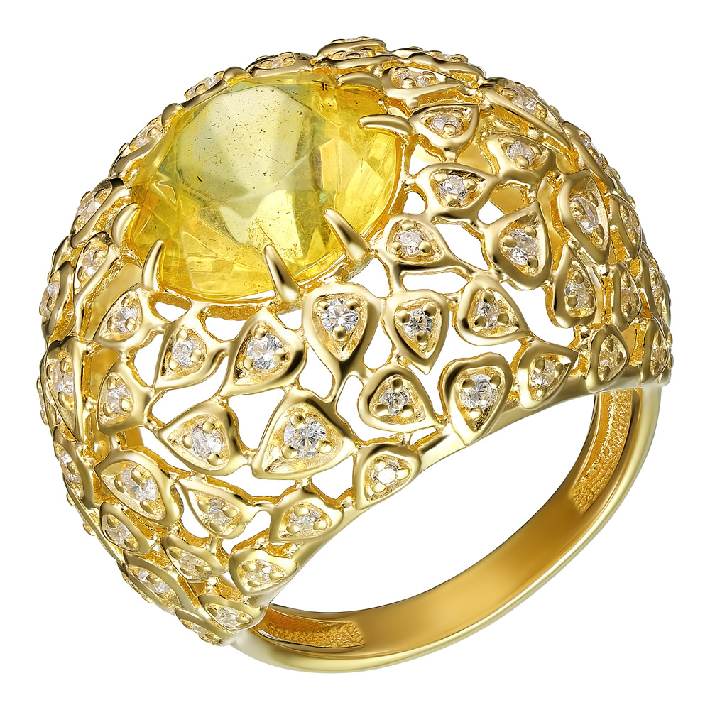 Серебряное кольцо 925 пробы; вставки 1 Янтарь; 78 Фианит бесцв.;
