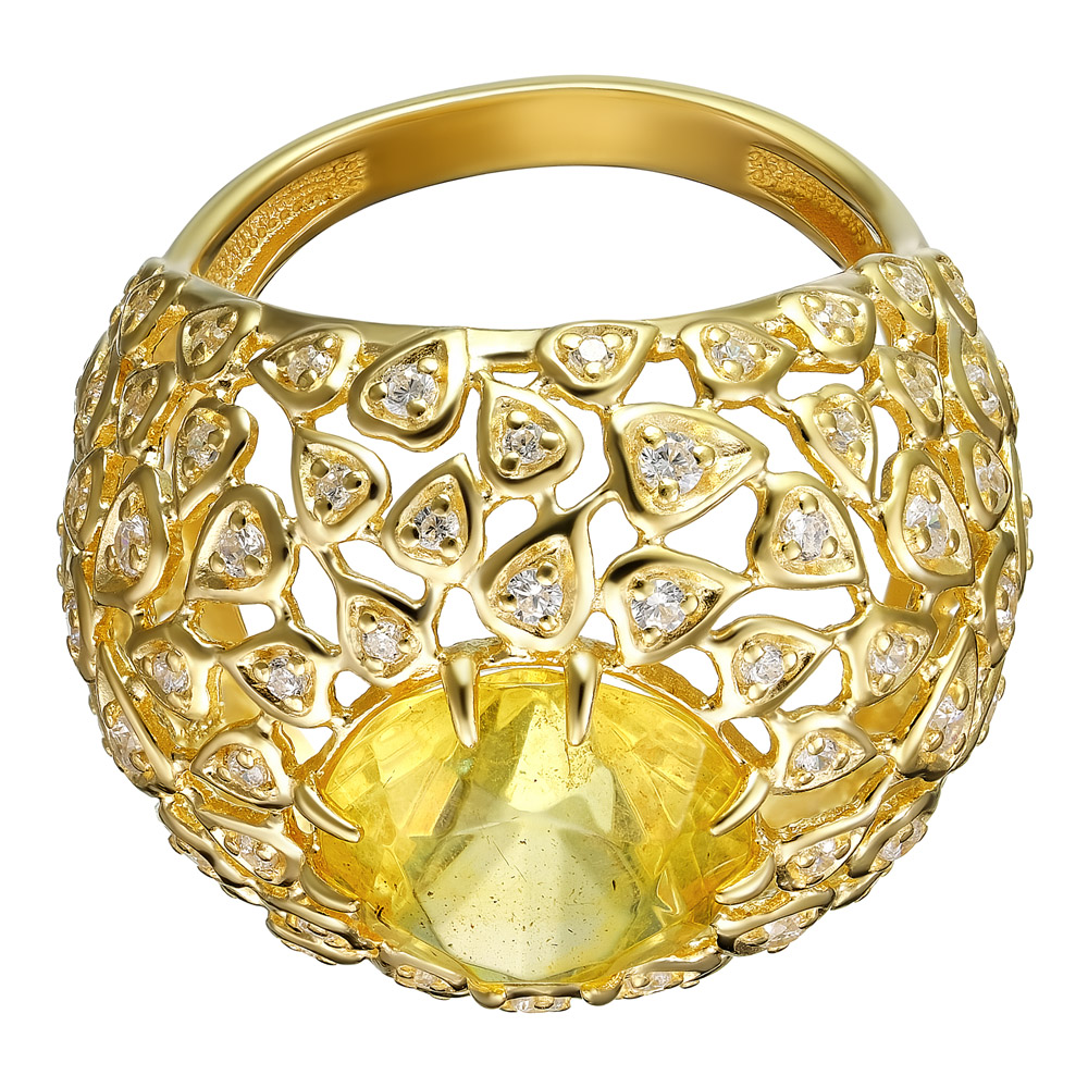 Серебряное кольцо 925 пробы; вставки 1 Янтарь; 78 Фианит бесцв.;