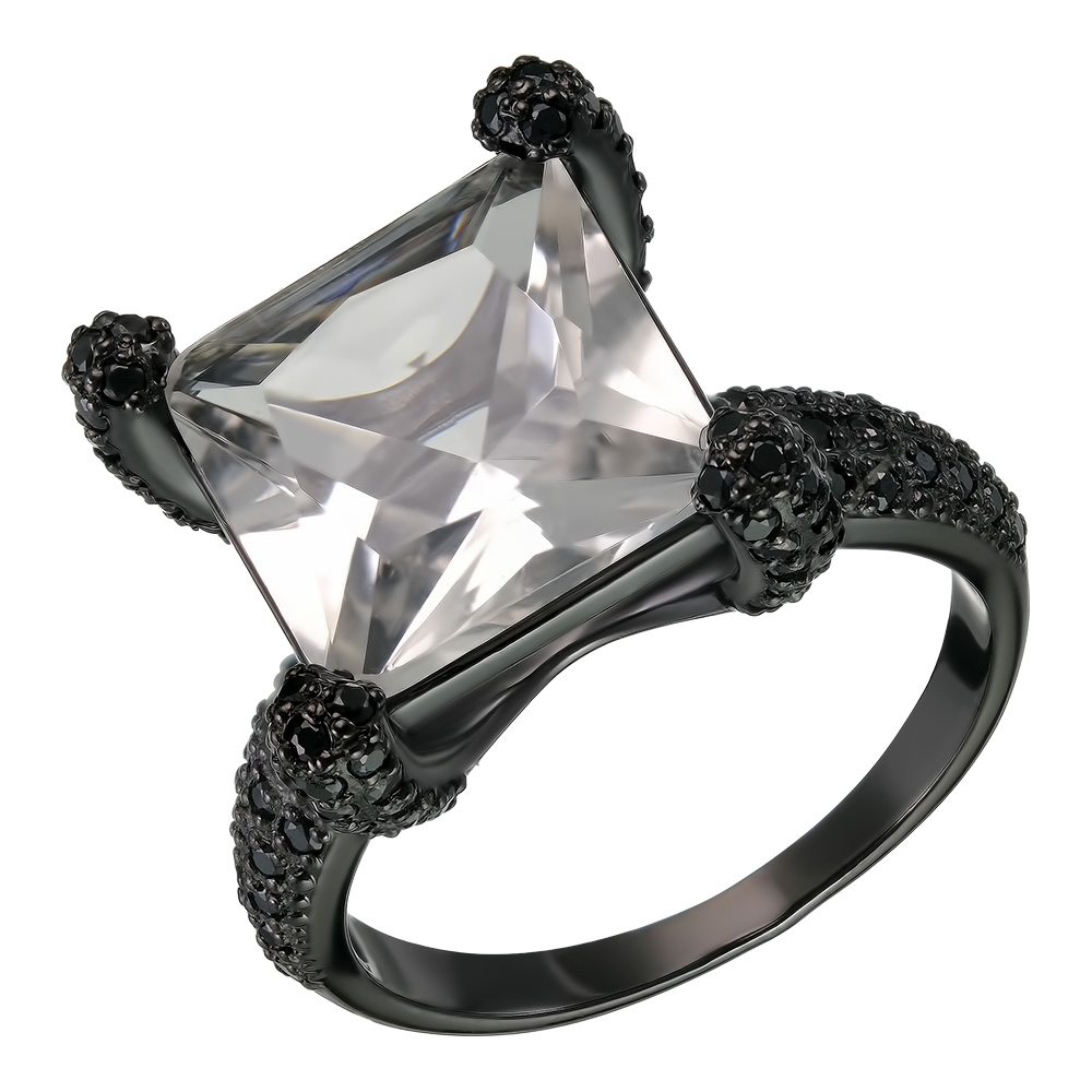 Серебряное кольцо 925 пробы; рутений; вставки 116 Шпинель черн.; 1 Кварц дымчатый;