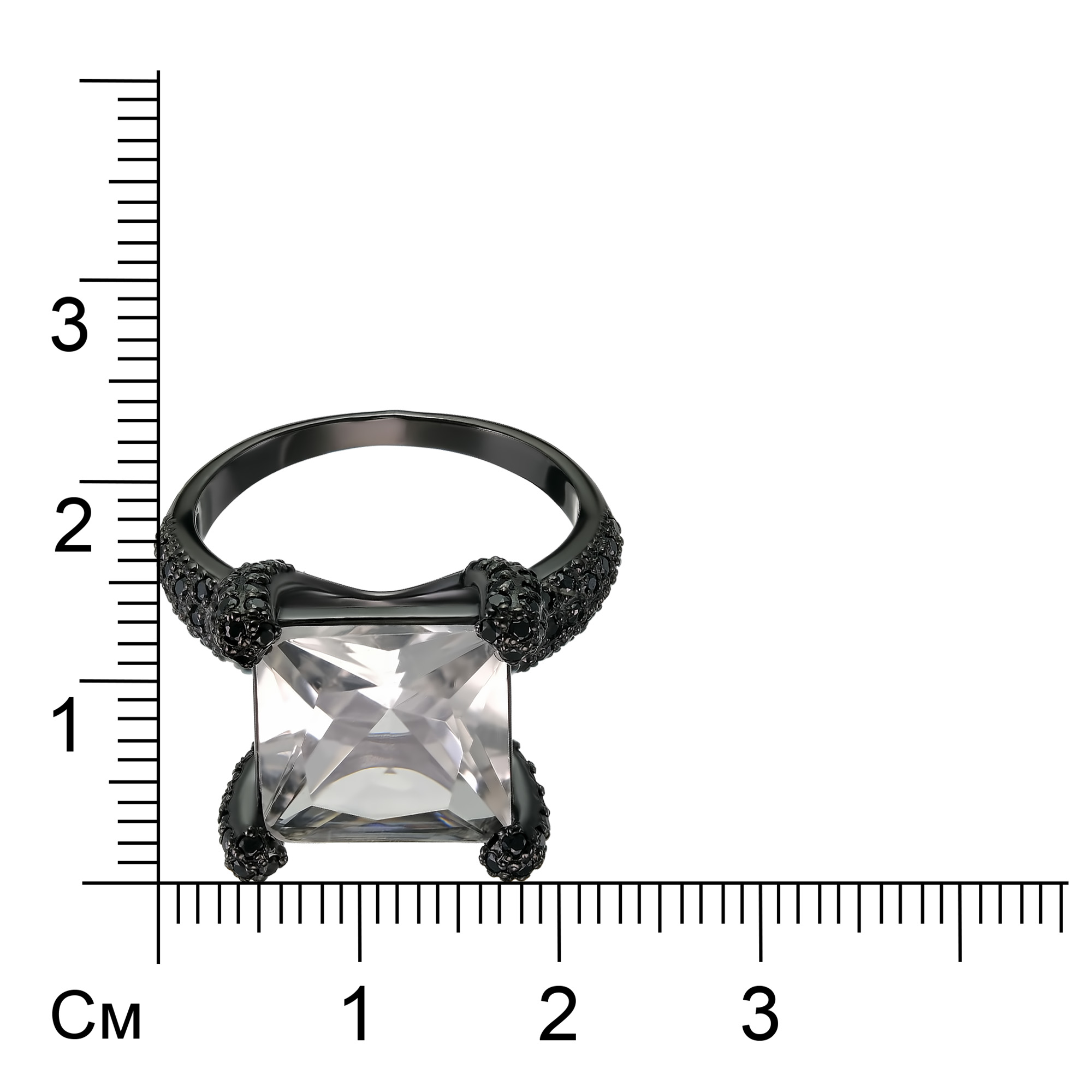 Серебряное кольцо 925 пробы; рутений; вставки 116 Шпинель черн.; 1 Кварц дымчатый;