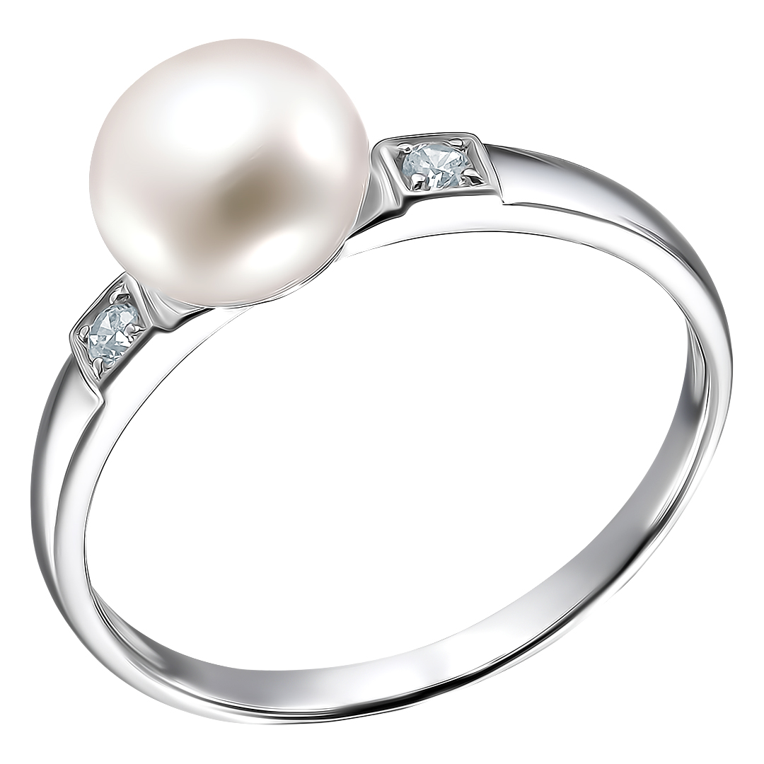 Серебряное кольцо 925 пробы; вставки 2 Фианит бесцв.; 1 Жемчуг культ. белый;