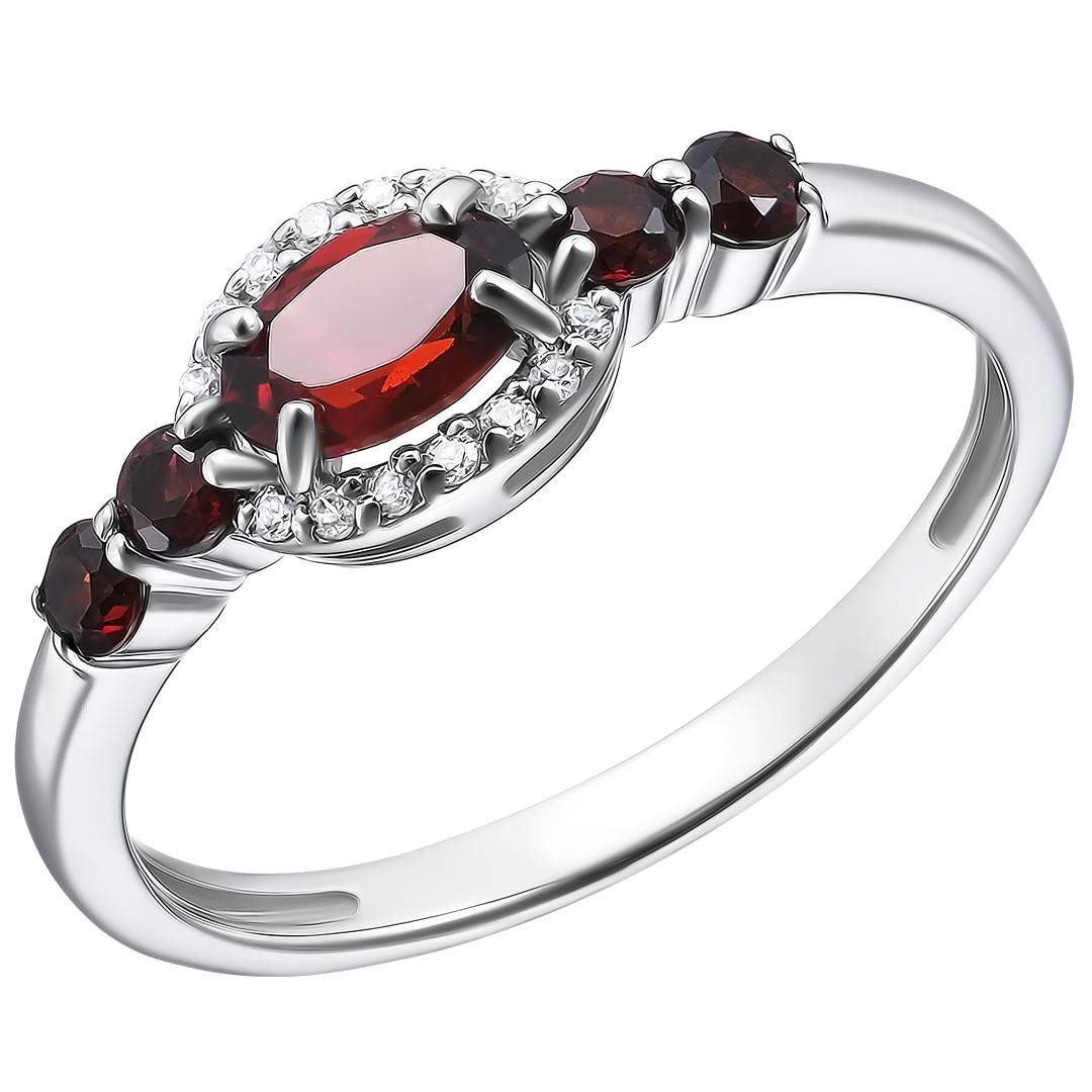 Серебряное кольцо 925 пробы; вставки 5 Гранат; Россыпь Фианит бесцв.;